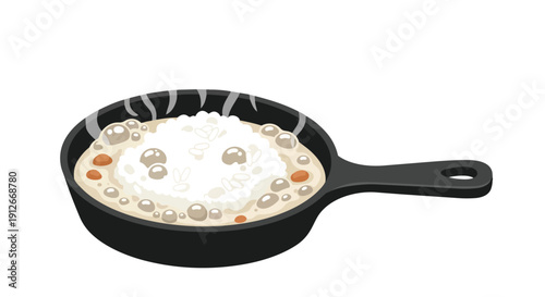 Vibrant cartoon illustration of white rice simmering in a hot skillet with steam. This delicious meal preparation showcases a bubbly texture and
