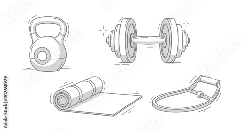 Fitness Equipment Collection: Dumbbell, Kettlebell, Yoga Mat, and Resistance Band Set
