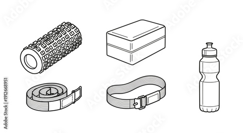 Fitness equipment: foam roller, yoga block, resistance band, yoga mat, water bottle