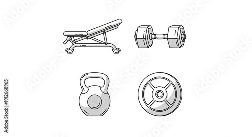 Fitness Equipment Icons: Dumbbell, Kettlebell, Weight Plate, Adjustable Bench