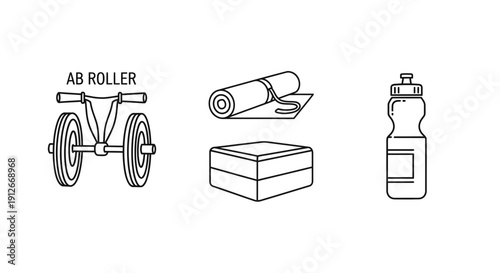 Fitness Equipment Icons: Ab Roller, Yoga Mat, Yoga Block, Water Bottle
