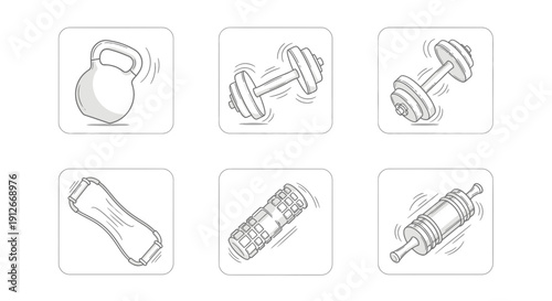 Fitness Equipment Icons: Dumbbells, Kettlebell, Resistance Band, Foam Roller, Massage Roller