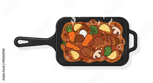 A vibrant culinary illustration showcasing a hearty hot stew brimming with colorful garden vegetables and savory meat pieces gently simmering in a
