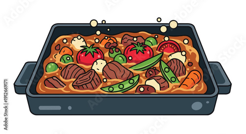 Wholesome simmering stew illustration with tender meat and vibrant garden vegetables in a rich sauce.