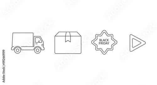 Delivery Truck, Package, Black Friday Sale Icon, Play Button: E-commerce and Logistics Icons