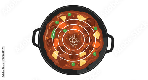 Overhead view of a hearty, bubbling stew in a dark cooking pot. Features tender meat, bright carrots, green peas, and soft potato chunks in rich,