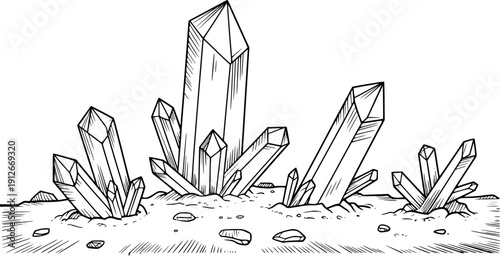 Hand drawn of quartz crystal cluster growing from rocky ground mineral geology