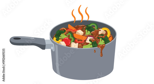 Steaming fresh vegetables, including colorful bell peppers and vibrant broccoli, simmer in a rich, flavorful sauce inside a cooking pot, symbolizing