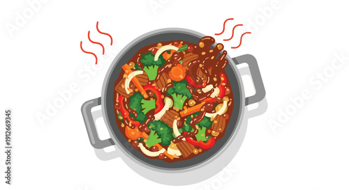 A vibrant hot vegetable and meat stir-fry dish with rich sauce cooking in a pan, emitting steam and delicious aroma, perfect for a healthy meal