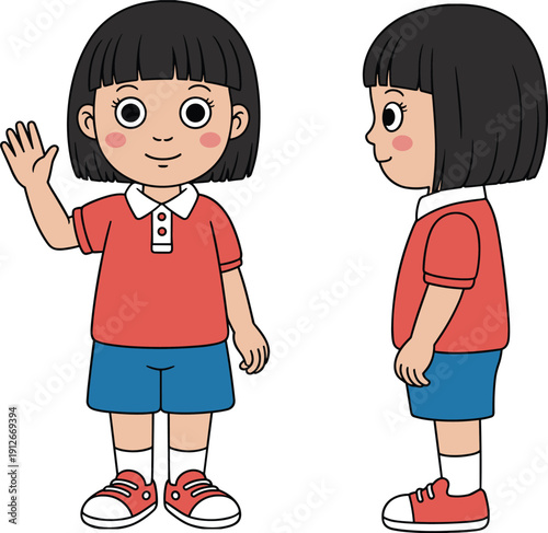 Cute young girl with black bob hair wearing a red polo shirt and blue shorts, front and side view flat vector illustration
