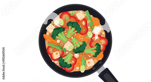 A vibrant culinary creation showcasing a delicious stir-fry in a cooking pan, brimming with fresh broccoli bell peppers carrots tofu and rich sauce