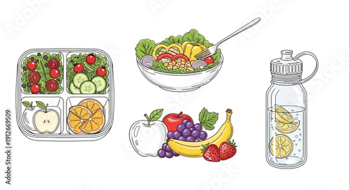Healthy Lunchbox, Salad, Fruit Bowl, and Infused Water Bottle