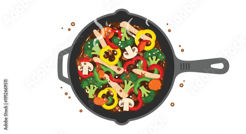 Sizzling colorful stir-fry with fresh vegetables and protein, a healthy culinary experience illustration
