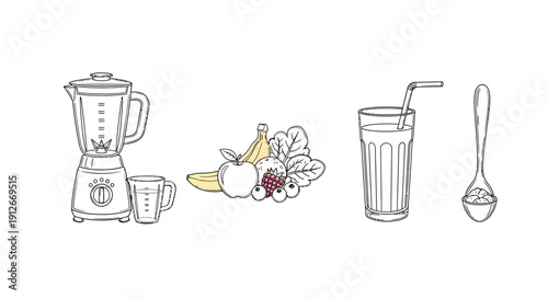 Healthy Smoothie Ingredients and Blender - Hand-drawn Sketch Illustration