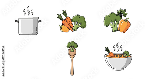 Healthy Vegetable Cooking Icons: Broccoli, Carrots, Bell Pepper, Soup, Pot, Spoon