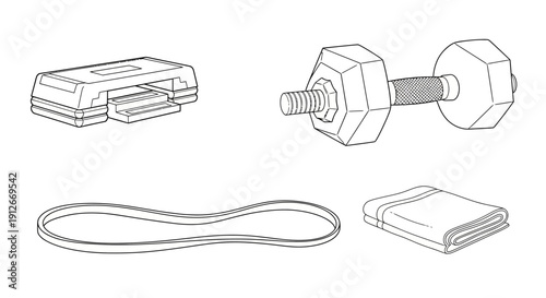 Home Workout Equipment: Dumbbell, Step Platform, Resistance Band, Towel