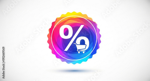 Discount shopping concept with colorful percentage sign and cart on white background