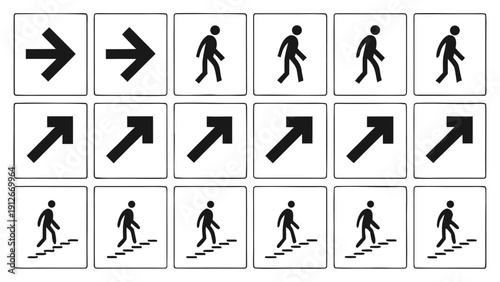 A grid of black and white pictograms depicting directions and people a striking silhouette high quality