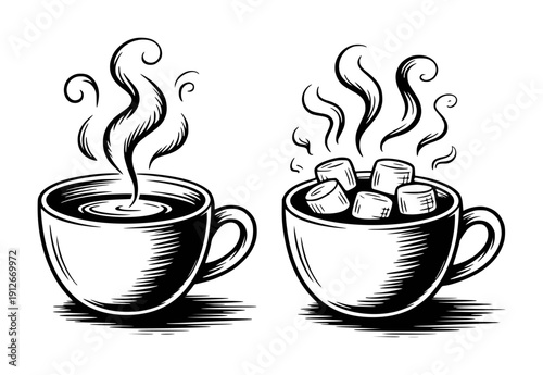 Steaming cups of hot beverage with marshmallows in black and white style coffee