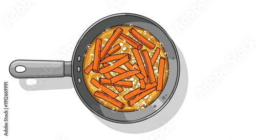 Overhead view of a simple illustration showing chopped orange carrots and white rice grains simmering in a non-stick pan, preparing a wonderful dish