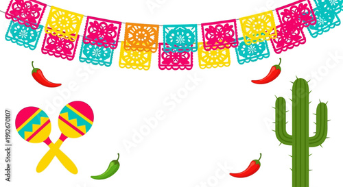 Festive Mexican fiesta illustration with charming cartoon taco, sombrero-wearing cactus, musical instruments, and decorative banner for lively celebration themes