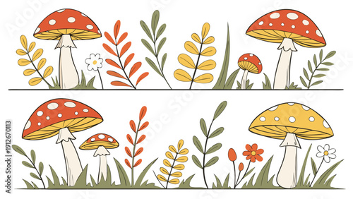 Colorful mushrooms and foliage border design with a distinct flat silhouette high quality professional detailed modern