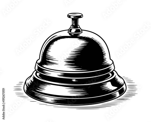 Vintage hotel reception bell with button white background in engraving style service
