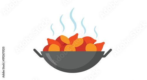 Vibrant vector illustration of hot steaming orange sweet potatoes cooked in a dark pan, ready for a nutritious meal