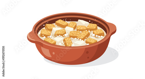 Rustic bowl filled with a delightful plant-based stew, featuring golden tempeh and creamy tofu cubes in a savory white sauce, artfully depicted for