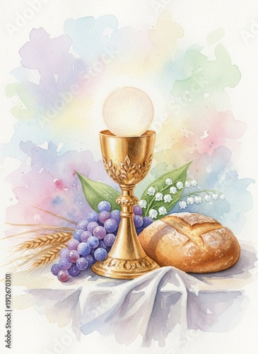 First Holy Communion  Pierwsza Komunia Święta Primewater color composition with golden chalice, host, grapes, bread white roses, religious christian celebration element isolated on white background