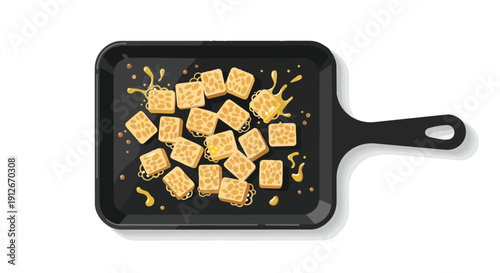 Vibrant illustration of diced tempeh pieces sizzling in a sleek black skillet with golden oil splashes offering a nutritious plant-based meal prep