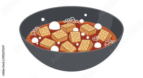 An appealing digital illustration of cubed fermented soybeans gently cooking in a luscious spiced gravy a perfect image for culinary blogs and vegan
