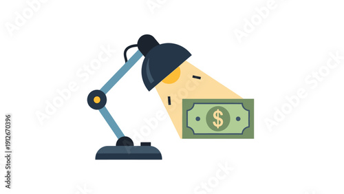 Financial Spotlight on Money: Desk Lamp Illuminating a Dollar Bill. Concept for Investment, Profit Focus, and Wealth Management Flat Icon.