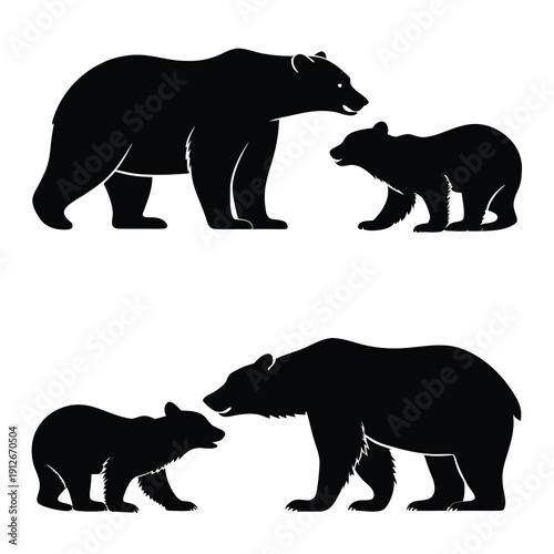 A mother bear and cubs depicted in black showcasing a striking animal silhouette high quality professional