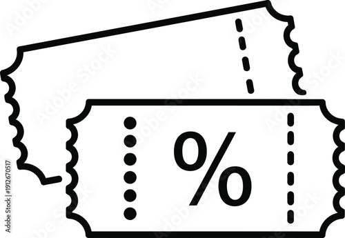 Black and white line art illustration of two discount coupons or tickets with a percent sign.