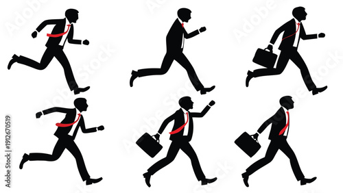 Three business people running in various poses depicted as a striking silhouette high quality professional detailed