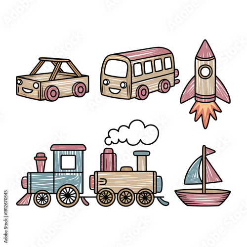 Child's Play: A collection of charming, hand-drawn vehicles sparks imagination and invites children on exciting adventures, creating a sense of playful creativity.