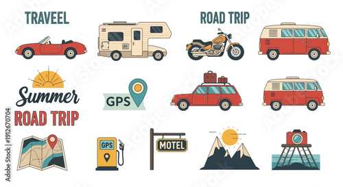 Collection of twelve stylized icons and text elements related to summer road trips