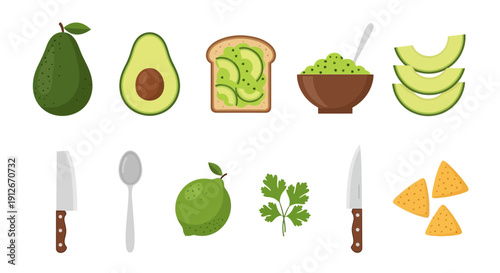 Flat design collection of avocado guacamole toast and related ingredients