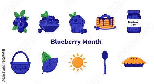Flat design icons celebrating Blueberry Month with fruits and related items