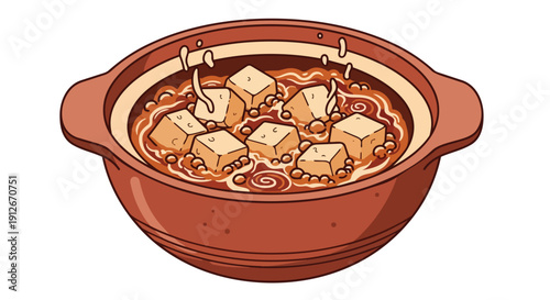 A delectable and comforting illustration of tofu stew bubbling in a rustic ceramic pot, perfect for a warm meal