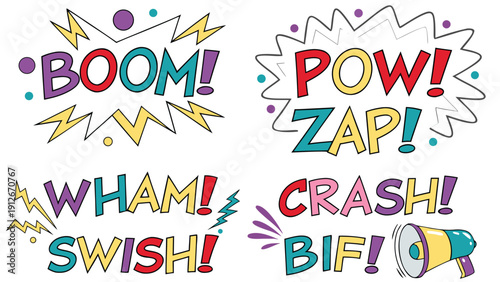 Colorful comic book sound effects with dynamic lettering and bold typography silhouette high quality professional detailed
