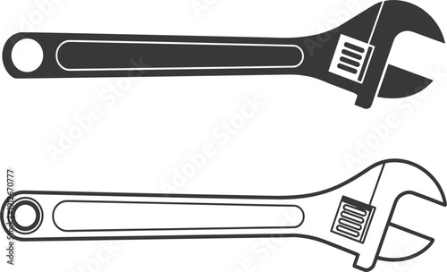 Hand drawn adjustable wrench tool vector set, black and white outline spanner icons for repair and maintenance