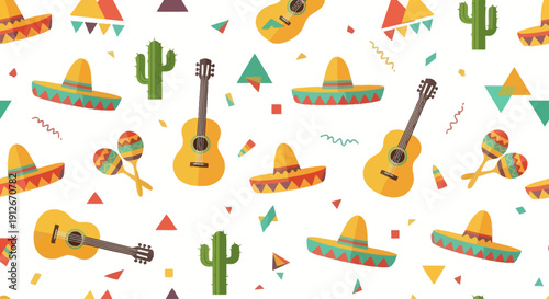 Festive Mexican Pattern with Sombreros, Guitars, and Maracas - Vibrant Celebration Design