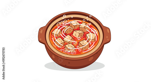 A vibrant vector illustration depicting a bubbling clay pot filled with simmering tofu cubes in a rich, flavorful, spicy red broth, perfect for