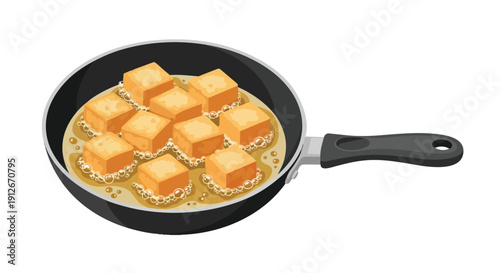 Frying golden cubes in hot oil within a pan, a culinary process for delicious meals.
