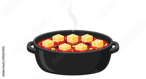 Hearty steaming chili with golden cheese blocks served in a dark pot, an inviting meal illustration perfect for comfort food concepts and culinary