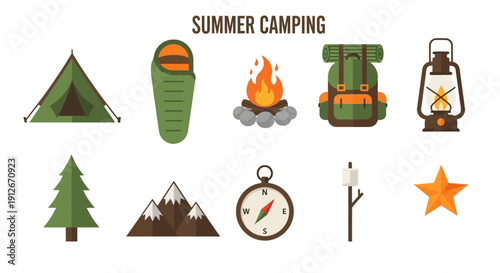 Flat illustration of summer camping equipment and nature icons on a white background