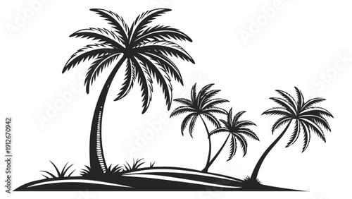 Tropical palm trees on a small island depicted in a striking black silhouette high quality professional