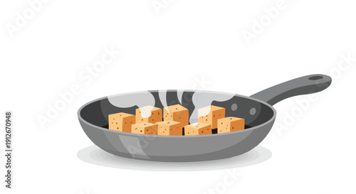 Golden brown plant-based cubes expertly sizzling in a gray non-stick pan, creating aromatic steam and promising a delightful, healthy, and wholesome